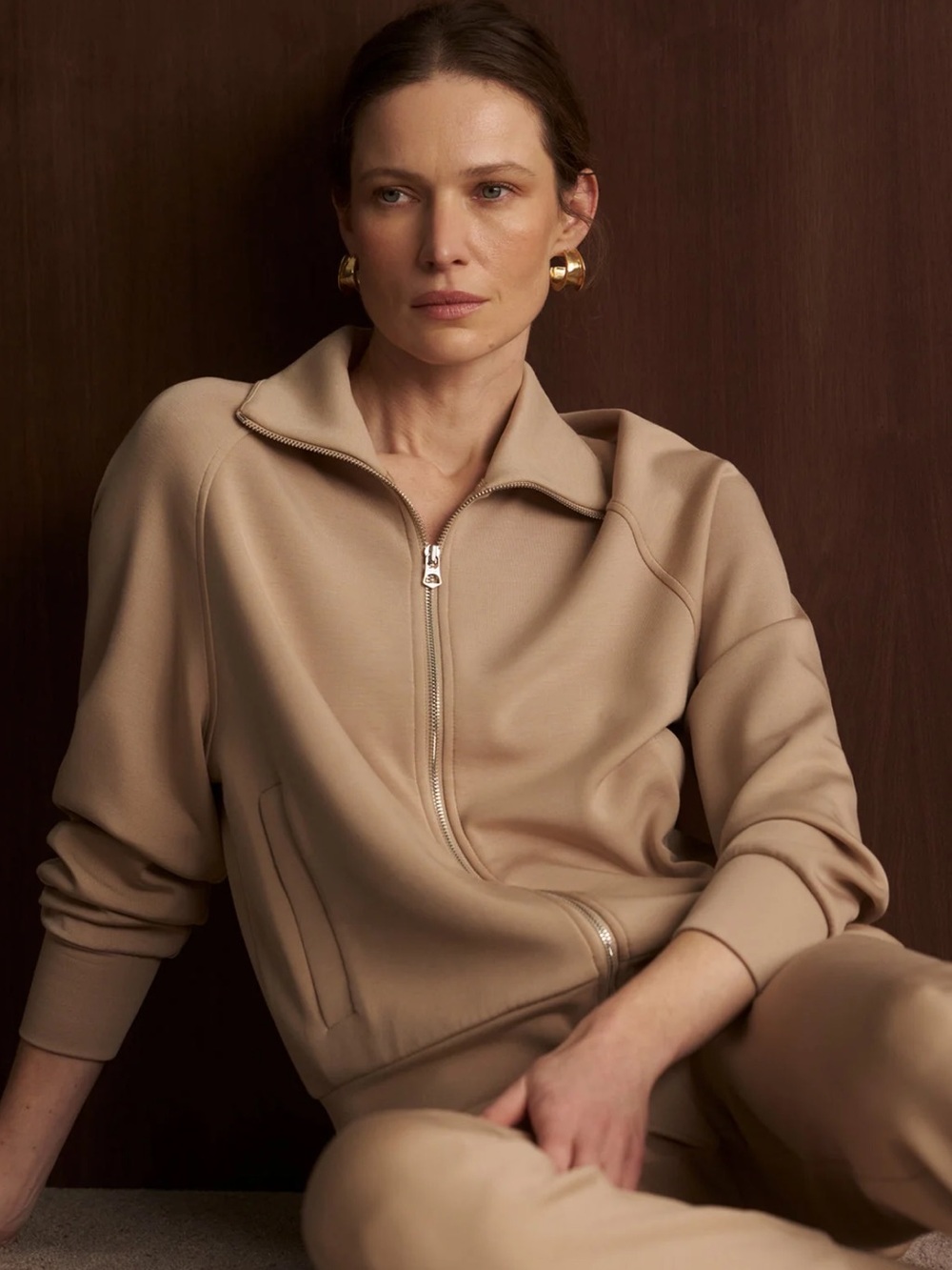 Varley Tyde Zip-Through Mixed Media Sweatshirt in Light Taupe New!